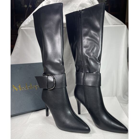 Modatope Knee High Boots Women Size 9.5 Black Faux Leather Pointed Toe NEW - Picture 1 of 16